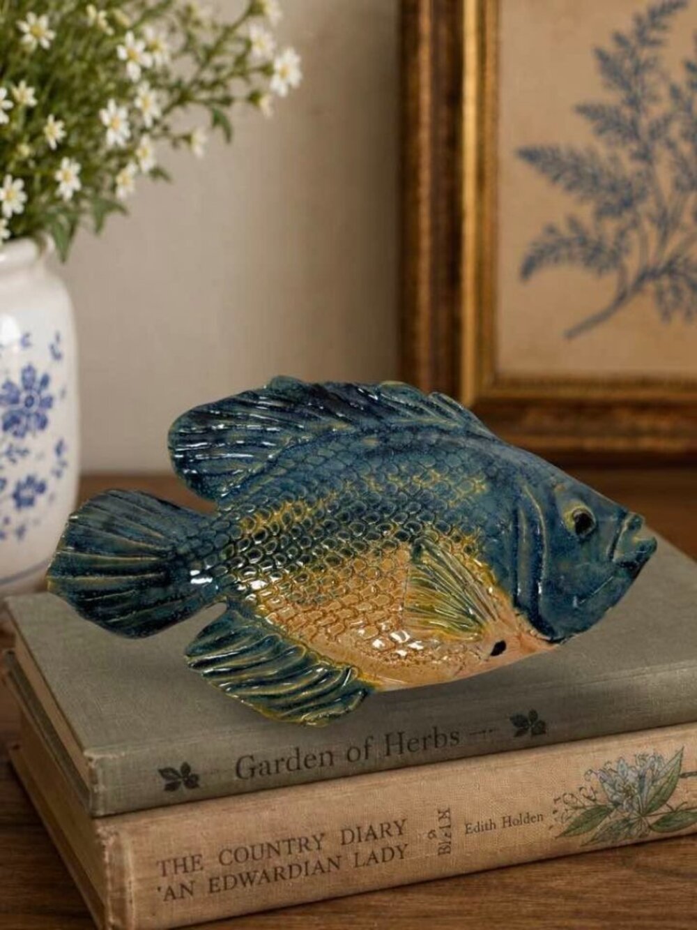 James Lawson Art Pottery Blue Girl Wall Sculpture Fish Art Signed 1995 Blue & Ye - Picture 5 of 6